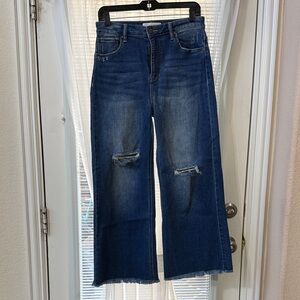 Women's Blue Distressed Wide-Leg Jeans